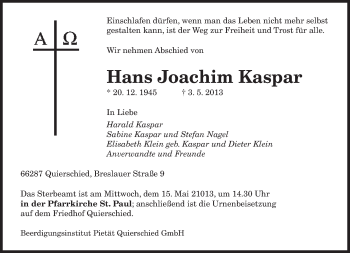 Traueranzeige von Hans Joachim Kaspar von saarbruecker_zeitung