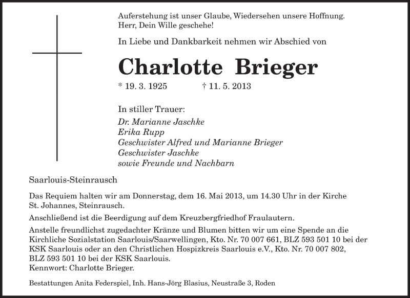  Traueranzeige für Charlotte Brieger vom 14.05.2013 aus saarbruecker_zeitung