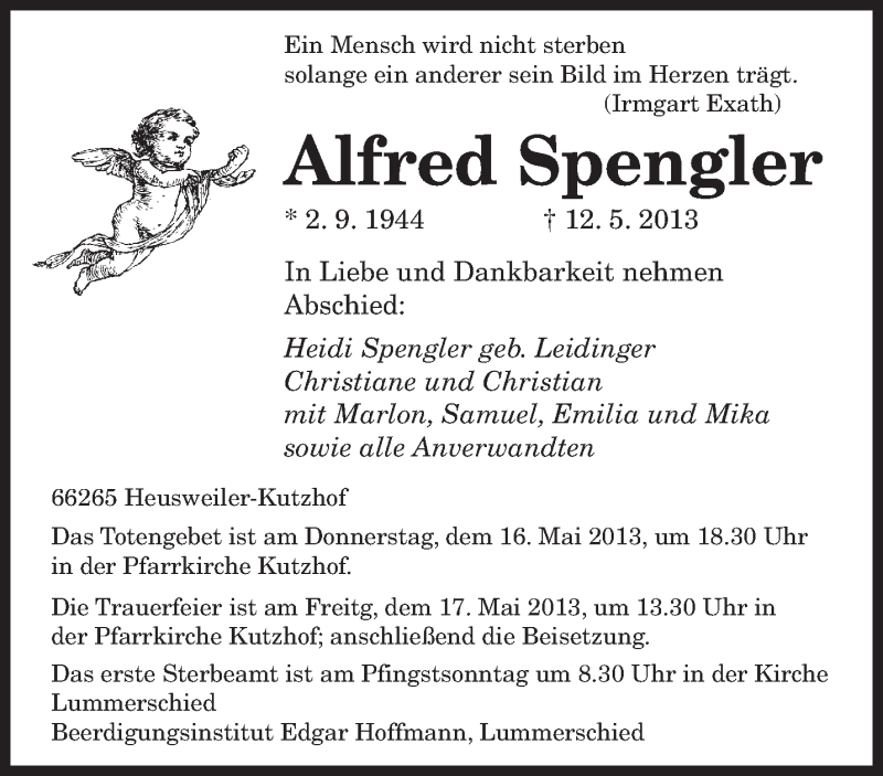  Traueranzeige für Alfred Spengler vom 14.05.2013 aus saarbruecker_zeitung