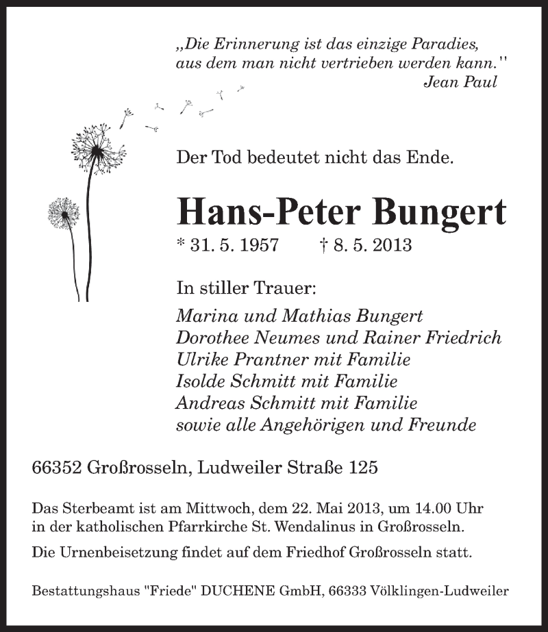  Traueranzeige für Hans-Peter Bungert vom 18.05.2013 aus saarbruecker_zeitung