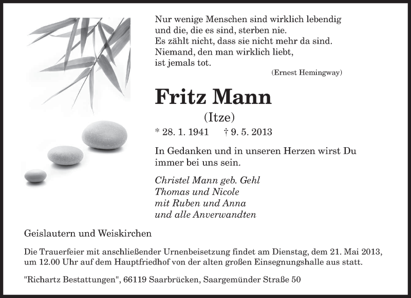  Traueranzeige für Fritz Mann vom 16.05.2013 aus saarbruecker_zeitung