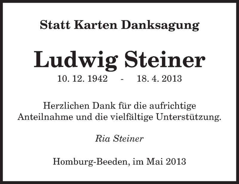  Traueranzeige für Ludwig Steiner vom 16.05.2013 aus saarbruecker_zeitung