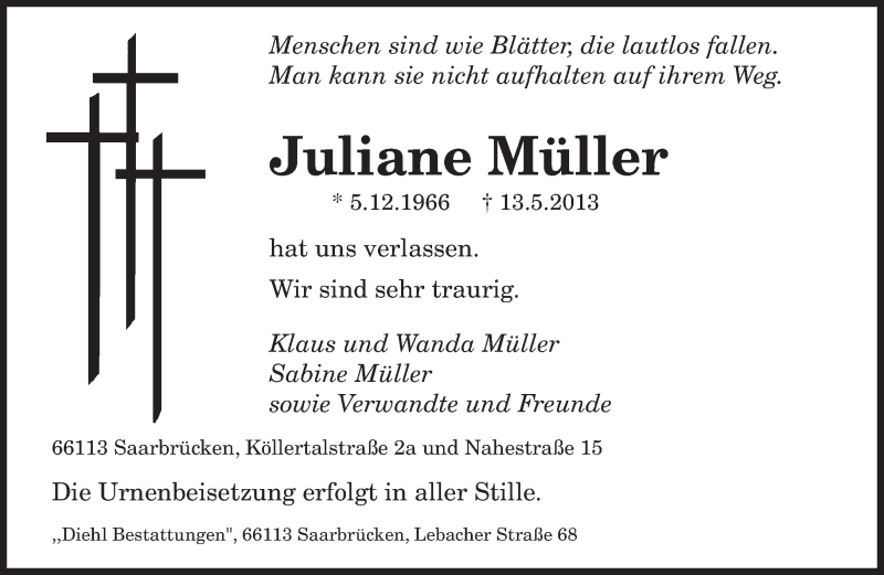  Traueranzeige für Juliane Müller vom 18.05.2013 aus saarbruecker_zeitung