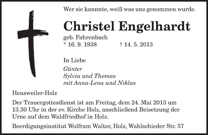  Traueranzeige für Christel Engelhardt vom 18.05.2013 aus saarbruecker_zeitung