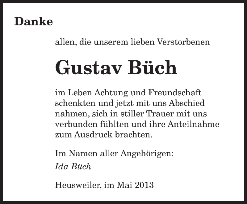  Traueranzeige für Gustav Büch vom 18.05.2013 aus saarbruecker_zeitung