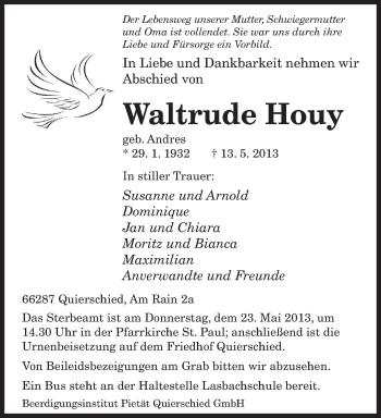 Traueranzeige von Waltrude Houy von saarbruecker_zeitung