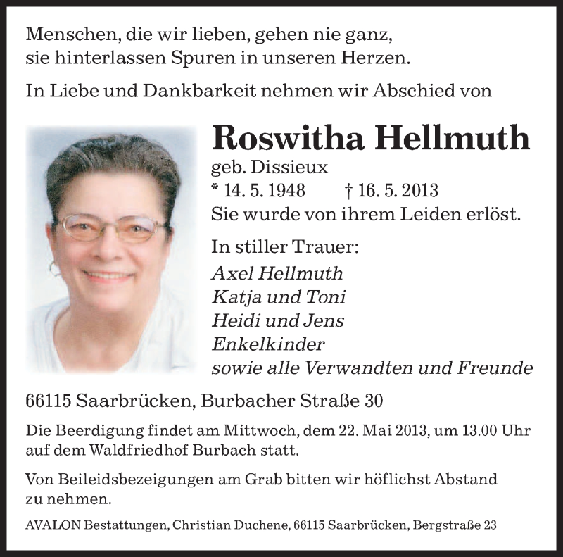  Traueranzeige für Roswitha Hellmuth vom 18.05.2013 aus saarbruecker_zeitung