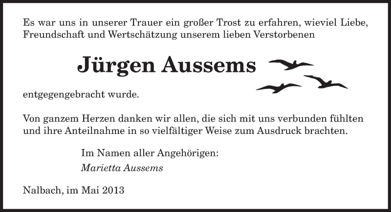  Traueranzeige für Jürgen Aussems vom 25.05.2013 aus saarbruecker_zeitung