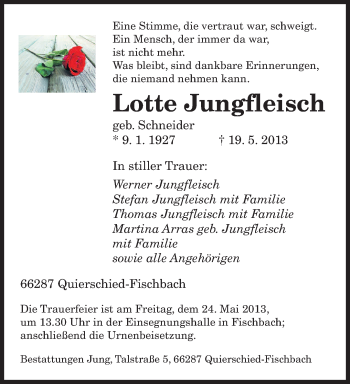 Traueranzeige von Lotte Jungfleisch von saarbruecker_zeitung