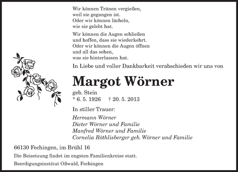  Traueranzeige für Margot Wörner vom 23.05.2013 aus saarbruecker_zeitung