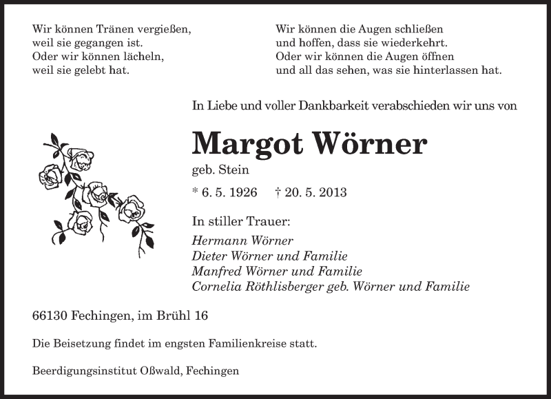  Traueranzeige für Margot Wörner vom 24.05.2013 aus saarbruecker_zeitung