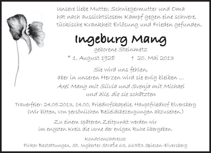  Traueranzeige für Ingeborg Mang vom 23.05.2013 aus saarbruecker_zeitung