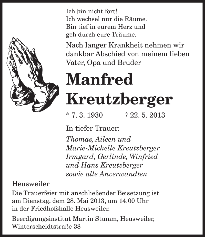  Traueranzeige für Manfred Kreutzberger vom 25.05.2013 aus saarbruecker_zeitung