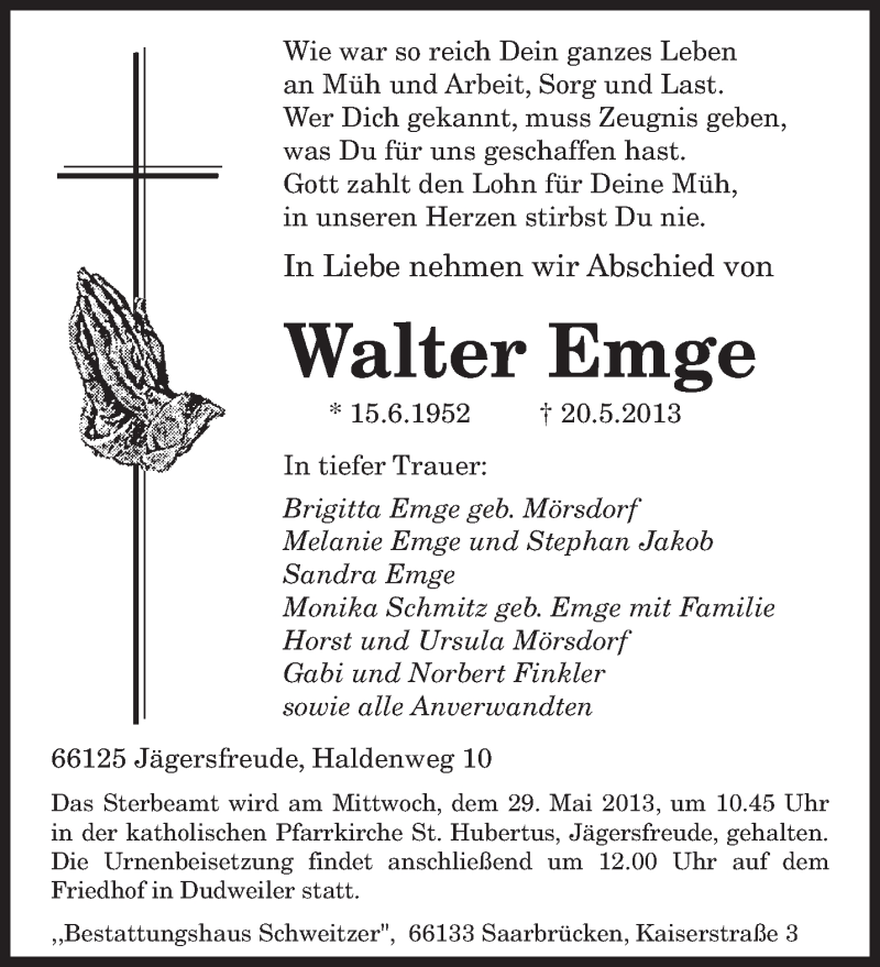  Traueranzeige für Walter Emge vom 25.05.2013 aus saarbruecker_zeitung