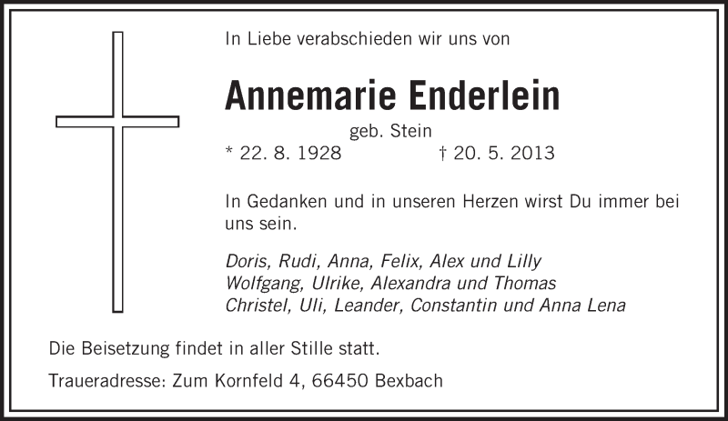 Traueranzeige für Annemarie Enderlein vom 25.05.2013 aus saarbruecker_zeitung