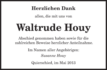 Traueranzeige von Waltrude Houy von saarbruecker_zeitung