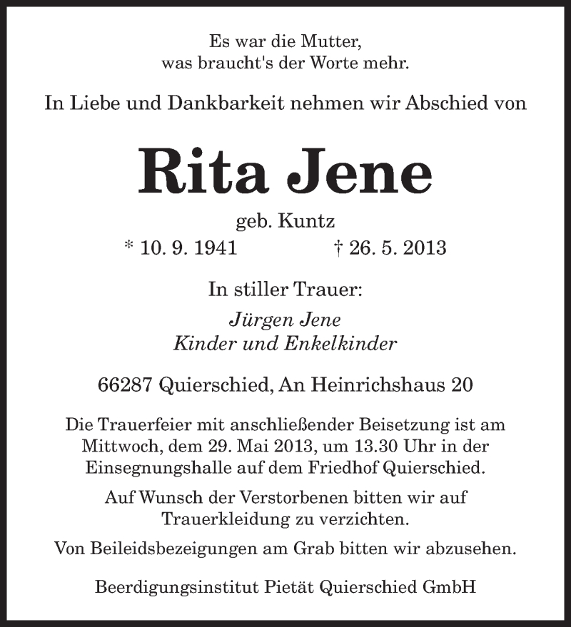  Traueranzeige für Rita Jene vom 28.05.2013 aus saarbruecker_zeitung