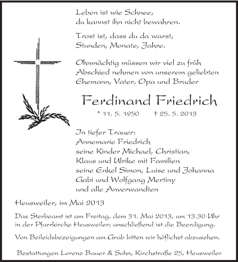  Traueranzeige für Ferdinand Friedrich vom 28.05.2013 aus saarbruecker_zeitung