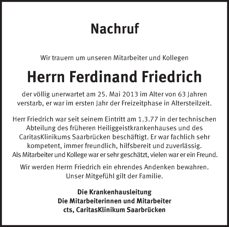  Traueranzeige für Ferdinand Friedrich vom 31.05.2013 aus saarbruecker_zeitung