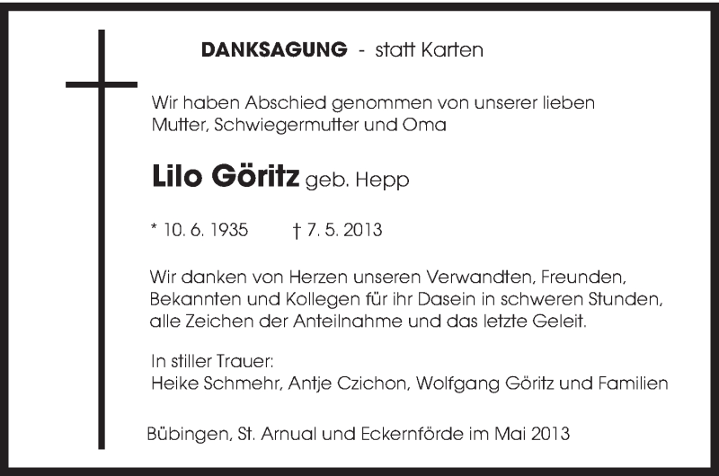  Traueranzeige für Lilo Göritz vom 01.06.2013 aus saarbruecker_zeitung