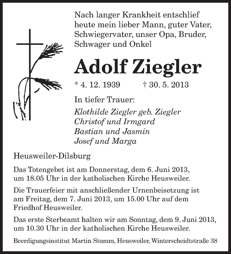  Traueranzeige für Adolf Ziegler vom 05.06.2013 aus saarbruecker_zeitung