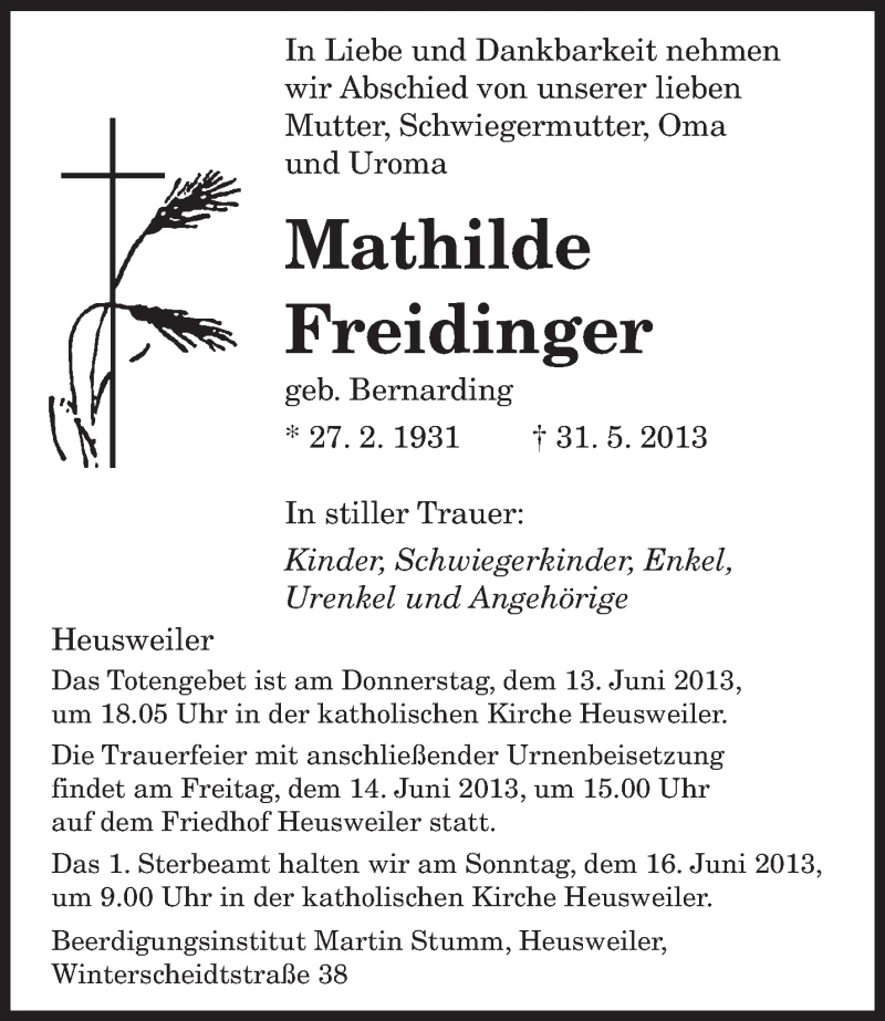  Traueranzeige für Mathilde Freidinger vom 11.06.2013 aus saarbruecker_zeitung