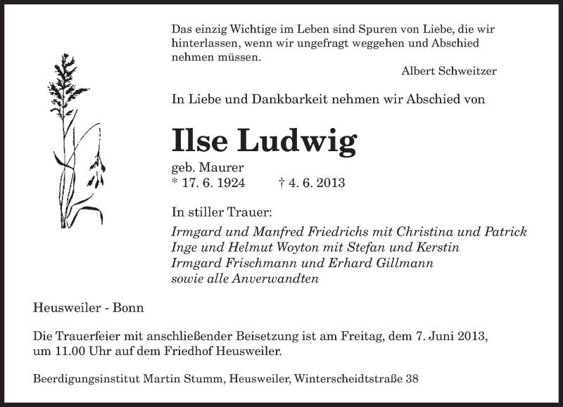  Traueranzeige für Ilse Ludwig vom 06.06.2013 aus saarbruecker_zeitung