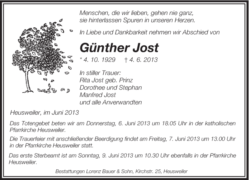  Traueranzeige für Günther Jost vom 06.06.2013 aus saarbruecker_zeitung