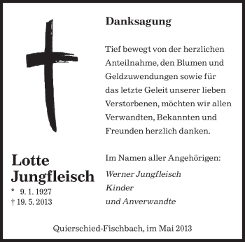 Traueranzeige von Lotte Jungfleisch von saarbruecker_zeitung