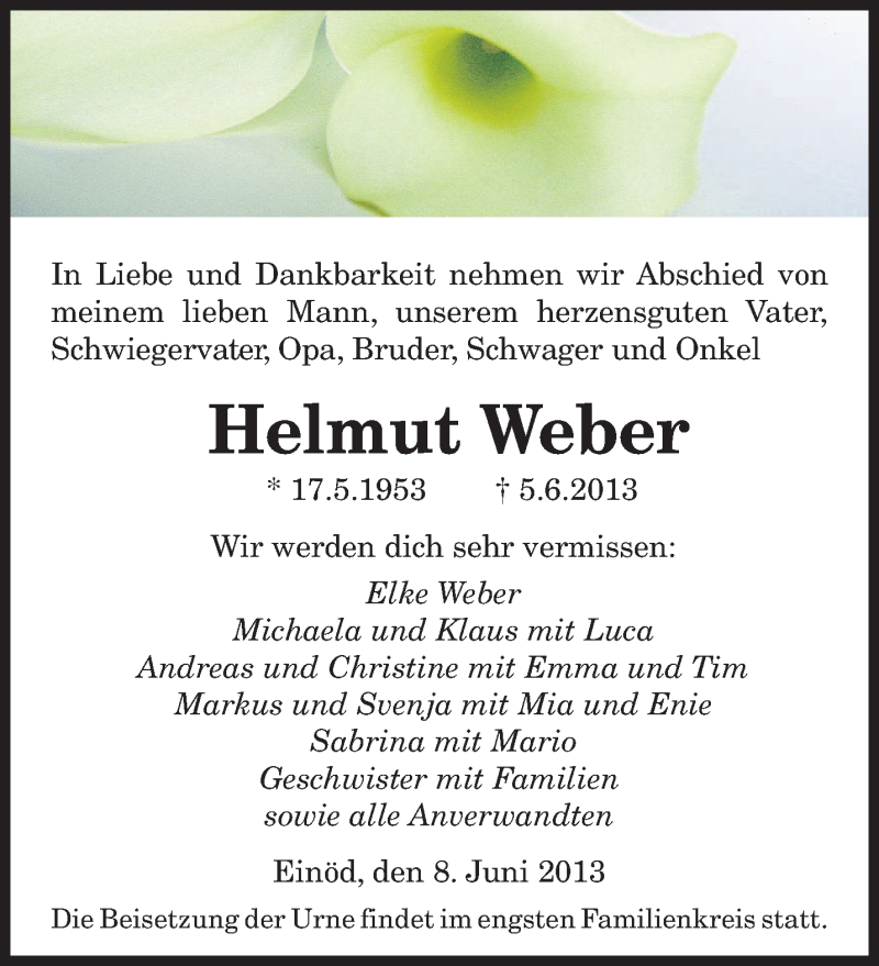  Traueranzeige für Helmut Weber vom 08.06.2013 aus saarbruecker_zeitung