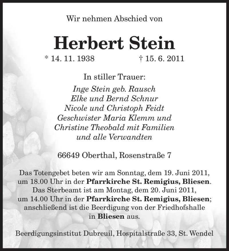  Traueranzeige für Herbert Stein vom 18.06.2011 aus SAARBRÜCKER ZEITUNG