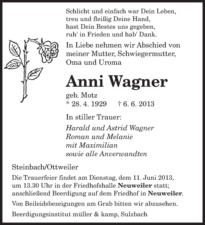  Traueranzeige für Anni Waner vom 08.06.2013 aus saarbruecker_zeitung
