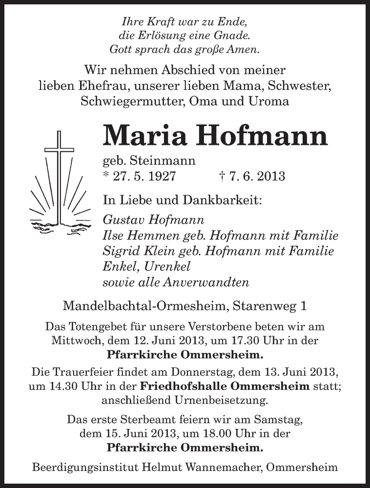  Traueranzeige für Maria Hofmann vom 10.06.2013 aus saarbruecker_zeitung