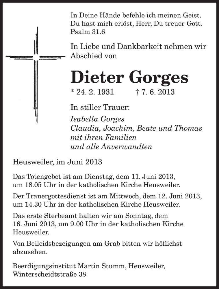  Traueranzeige für Dieter Gorges vom 10.06.2013 aus saarbruecker_zeitung