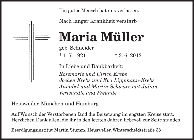  Traueranzeige für Maria Müller vom 15.06.2013 aus saarbruecker_zeitung