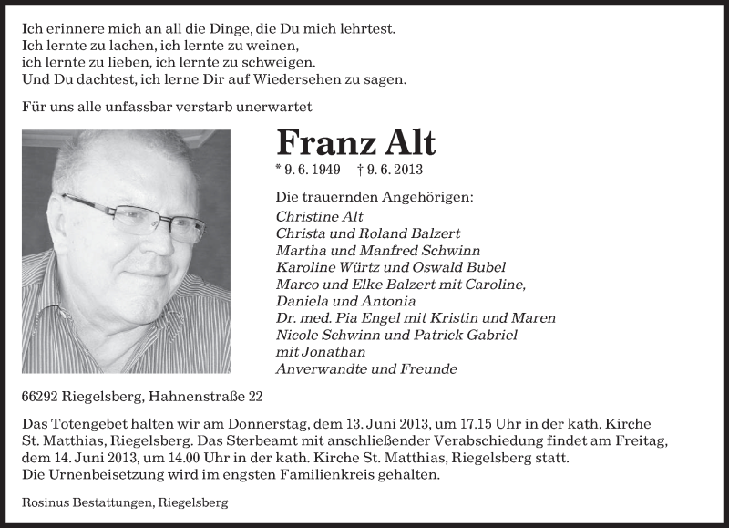  Traueranzeige für Franz Alt vom 12.06.2013 aus saarbruecker_zeitung