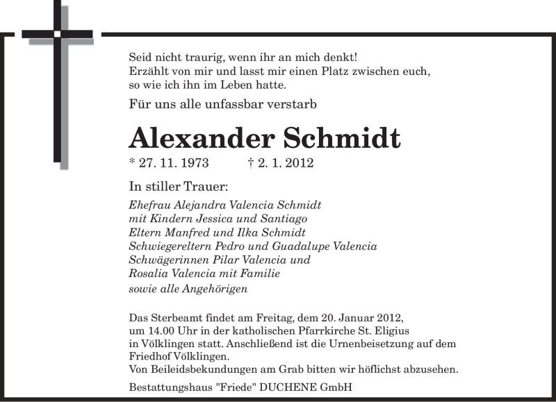  Traueranzeige für Alexander Schmidt vom 18.01.2012 aus SAARBRÜCKER ZEITUNG