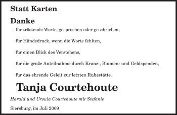 Traueranzeige von Tanja Courtehoute von SAARBRÜCKER ZEITUNG