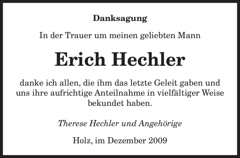  Traueranzeige für Erich Hechler vom 22.12.2009 aus SAARBRÜCKER ZEITUNG