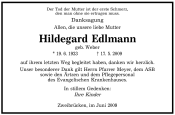 Traueranzeige von Hildegard Edlmann von SAARBRÜCKER ZEITUNG