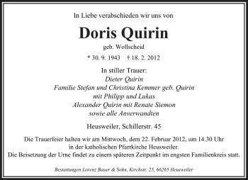 Traueranzeige von Doris Quirin von SAARBRÜCKER ZEITUNG