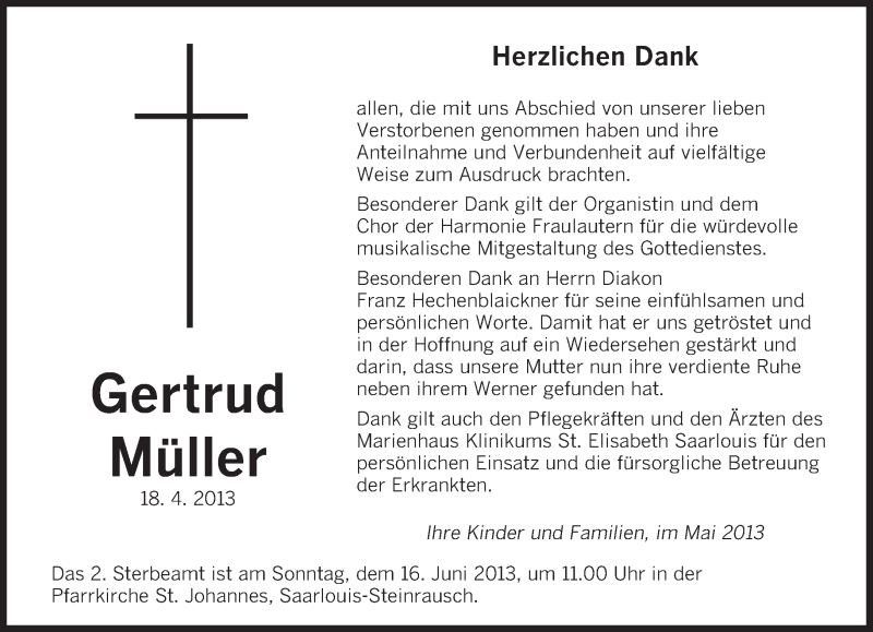  Traueranzeige für Gertrud Müller vom 15.06.2013 aus saarbruecker_zeitung