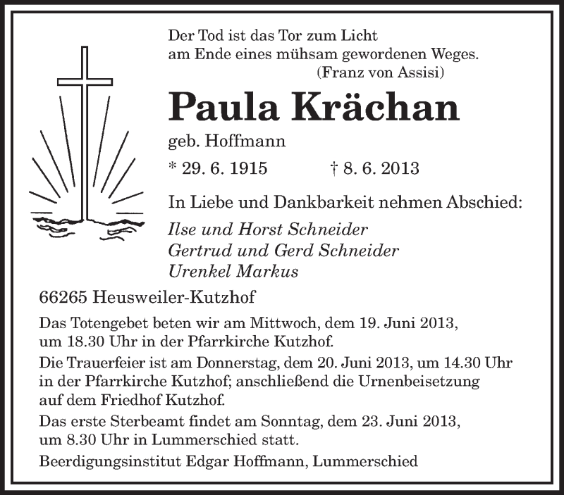  Traueranzeige für Paula Krächan vom 17.06.2013 aus saarbruecker_zeitung