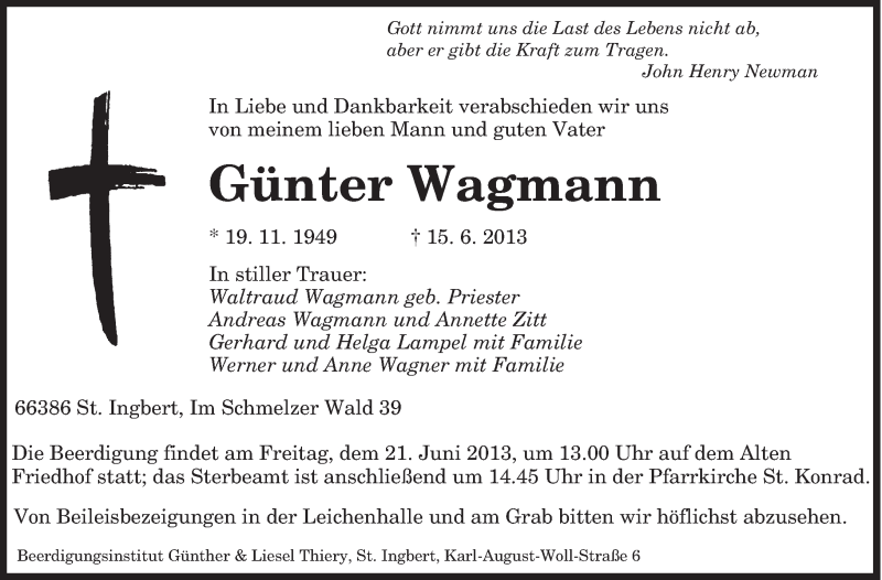  Traueranzeige für Günter Wagmann vom 18.06.2013 aus saarbruecker_zeitung