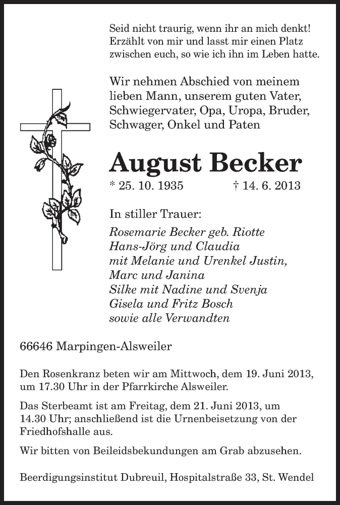  Traueranzeige für August Becker vom 18.06.2013 aus saarbruecker_zeitung