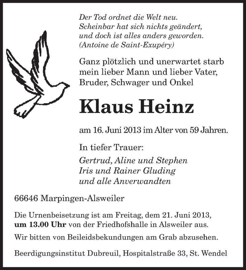  Traueranzeige für Klaus Heinz vom 19.06.2013 aus saarbruecker_zeitung