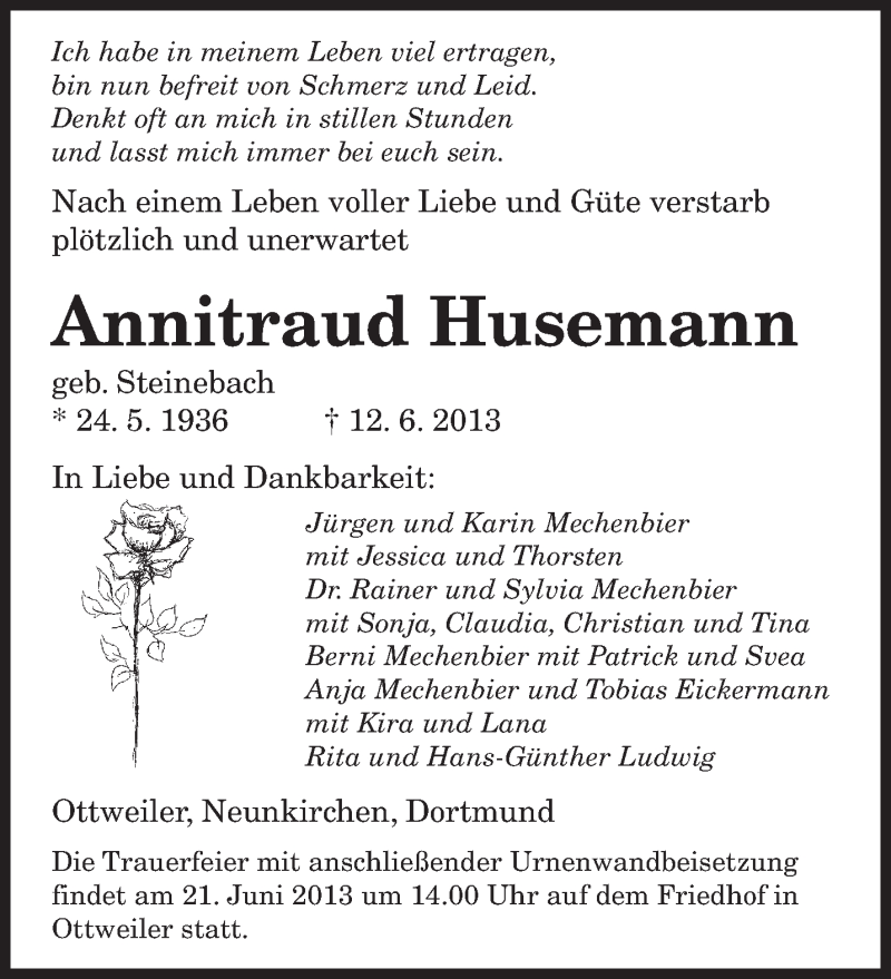  Traueranzeige für Annitraud Husemann vom 19.06.2013 aus saarbruecker_zeitung