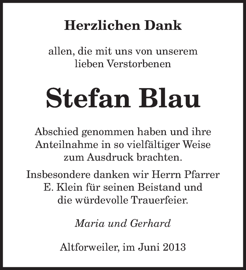  Traueranzeige für Stefan Blau vom 29.06.2013 aus saarbruecker_zeitung