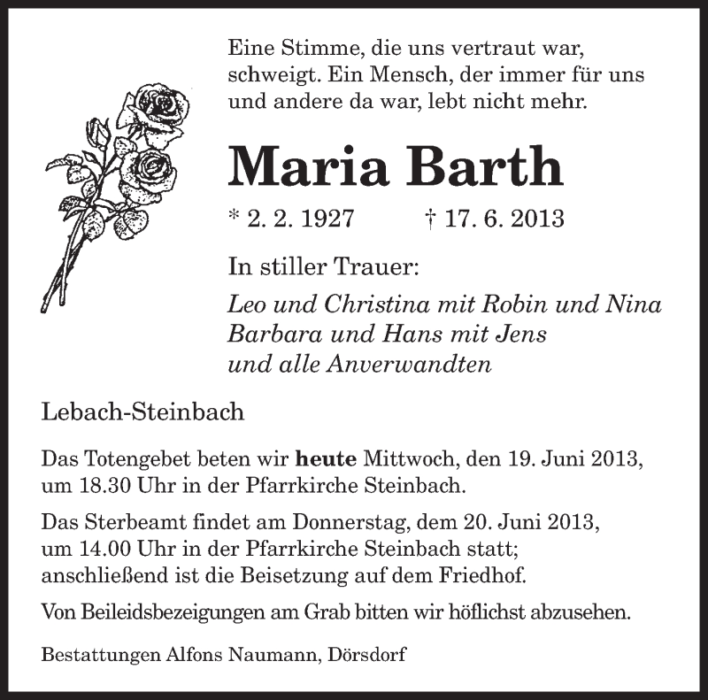  Traueranzeige für Maria Barth vom 19.06.2013 aus saarbruecker_zeitung