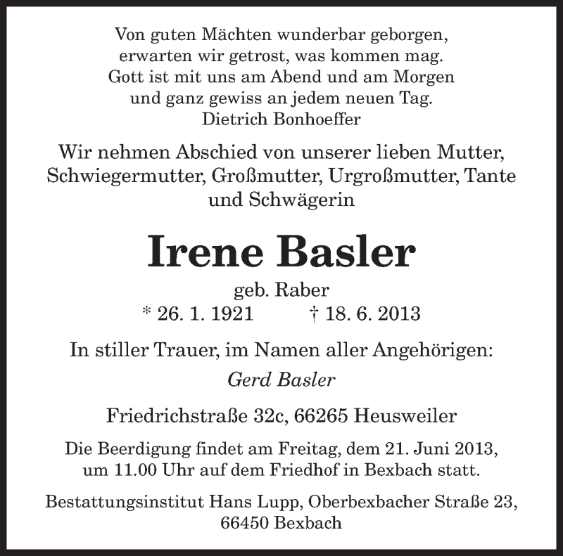  Traueranzeige für Irene Basler vom 20.06.2013 aus saarbruecker_zeitung